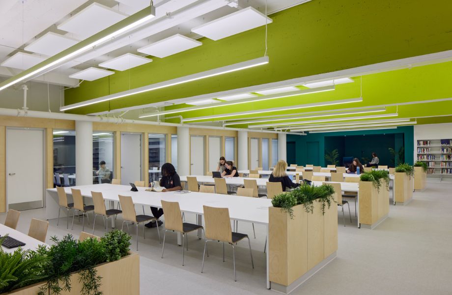 Longues tables blanche avec chaises en bois, plafond vert, plantes et étudiants