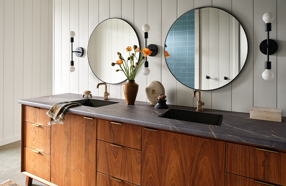 Vanity countertop in InDepth Surfacing Laminate Brass Veined Black Marble