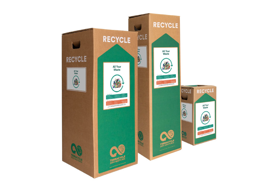 Three TerraCycle recycling boxes in different sizes