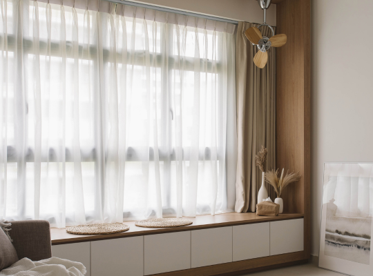 living room storage settee by the window with formica wood laminate