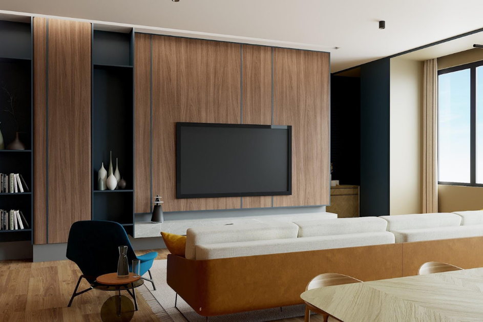 living room with formica wood laminate as tv feature wall