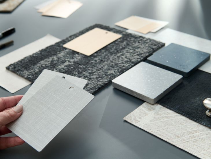 Table avec échantillons gris et beige.